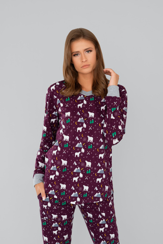 Ava Női hosszú ujjú pizsama és nadrág Italian Fashion- print bordó színben