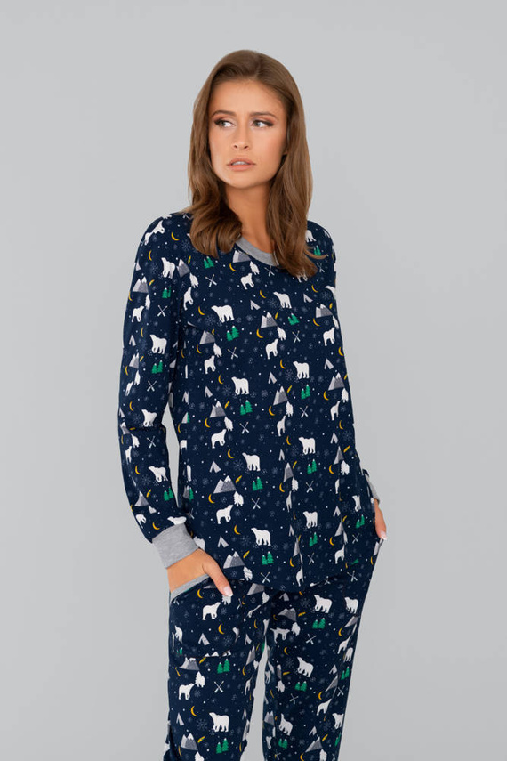 Ava Női hosszú ujjú pizsama és nadrág Italian Fashion - tengerészkék mintás