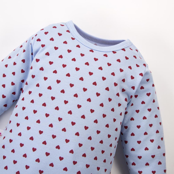 Eevi Love baba body kék szívecskékkel 100% pamut, teljesen nyitható