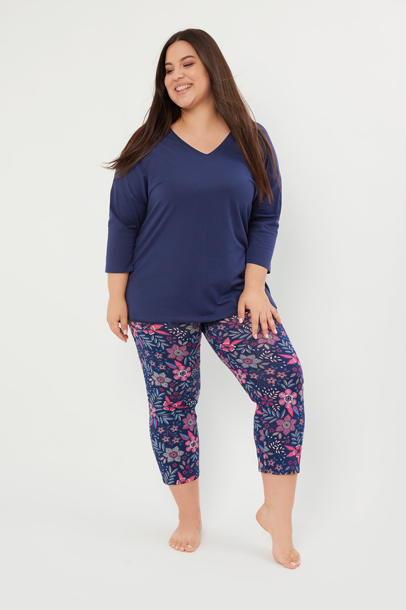 Folk Női pizsama 3/4 ujjú, 7/8 nadrág olasz divat - tengerészkék/print