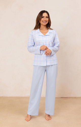 727 Női pizsama Regina kék - 100% pamut, kockás, gombos ing, női pizsama