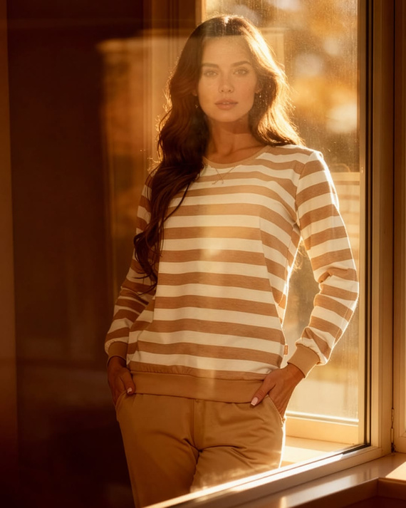 635/467 Cornette női pizsama Molly 2 | Pamut, csíkos, ekrü - zsebes nadrág nélkül