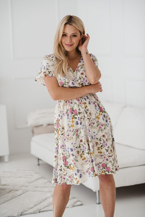 Lovely Dress kismama és szoptatós rövid ujjú Milk&Love krémszínű virágos ruha