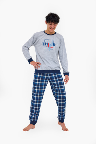 967/54 Thing Cornette Ifjúsági szürke pizsama - 100% pamut, nyomtatás, kockás nadrág