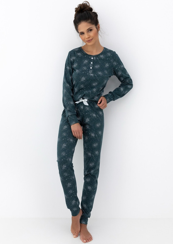 Ellison Sensis női pizsama zöld - hosszú ujjú pamut pizsama bordázott mandzsettával