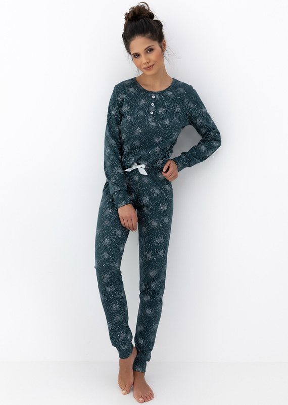 Ellison Sensis női pizsama zöld - hosszú ujjú pamut pizsama bordázott mandzsettával