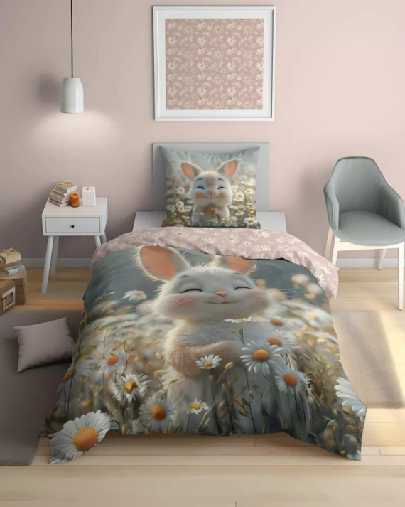 5548 A Fluo 95 Ágynemű sötétben világító nyuszi virágokkal 100% pamut | Gyermekeknek Detexpol