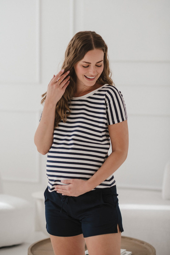 Two Ways Terhesség és szoptatás blúz | Rövidujjú, kényelmes Milk&Love sötétkék és fehér csíkos, rövid ujjú
