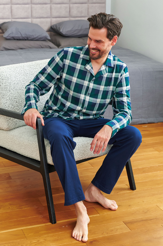 Doctor Nap 7367 - Férfi pamut pizsama kockás inggel | 100% pamut, polírozott - smaragdzöld