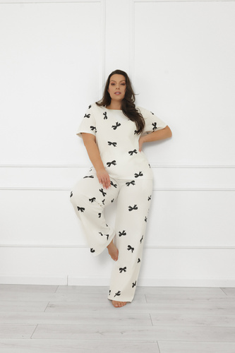 Női pizsama Figaro - ekrü, pamut, rövid ujjú + hosszú nadrág Olasz divat