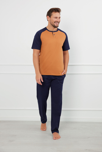 Alexander Férfi rövid ujjú pizsama, hosszú nadrág Italian Fashion - konyak/gránát