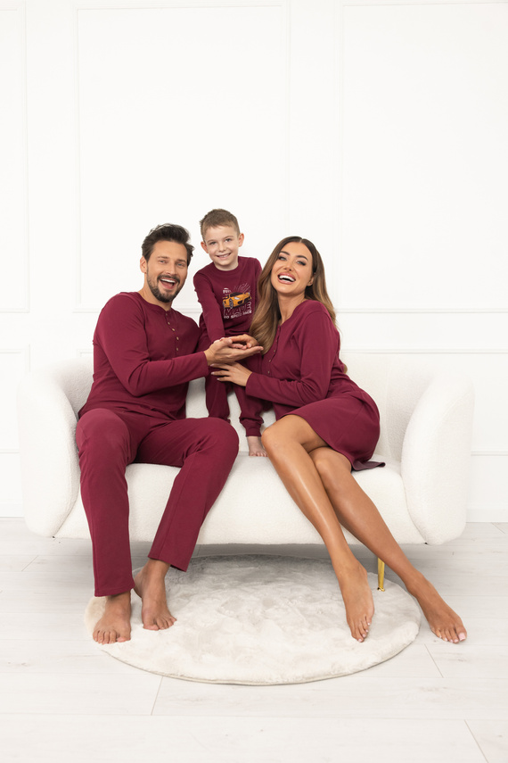 Gordo férfi pizsama - klasszikus pamut, póló felső és nadrág zsebekkel Italian Fashion - bordóbarna színű