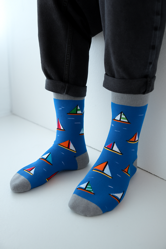Milena Avangard 0125-117 - Férfi 'Sailboats' pamut zokni | Lengyel gyártmány - denim