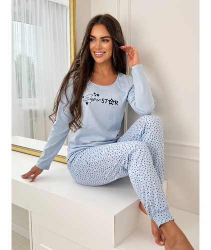 Női pizsama Donna Star Long kék - pamut, hosszú ujjú, műanyag zacskóba csomagolva