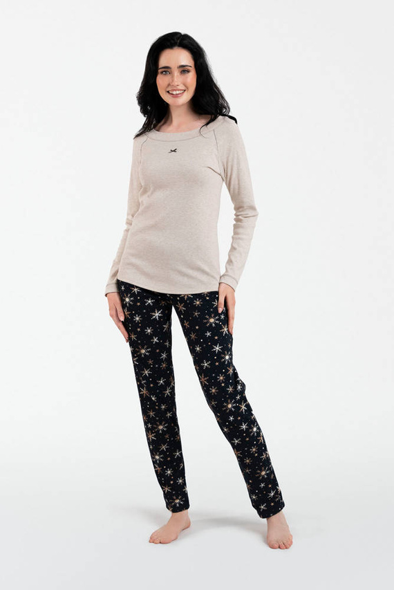 Denali női pizsama hosszú ujjú, hosszú nadrág olasz divat - bézs melange/print