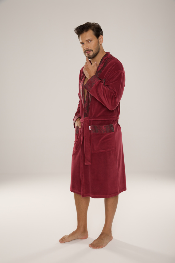 868 Noble férfi velúr fürdőköpeny De Lafense- elegáns, puha, prémium, bordó, bordó színű