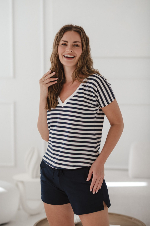 Two Ways Terhesség és szoptatás blúz | Rövidujjú, kényelmes Milk&Love sötétkék és fehér csíkos, rövid ujjú