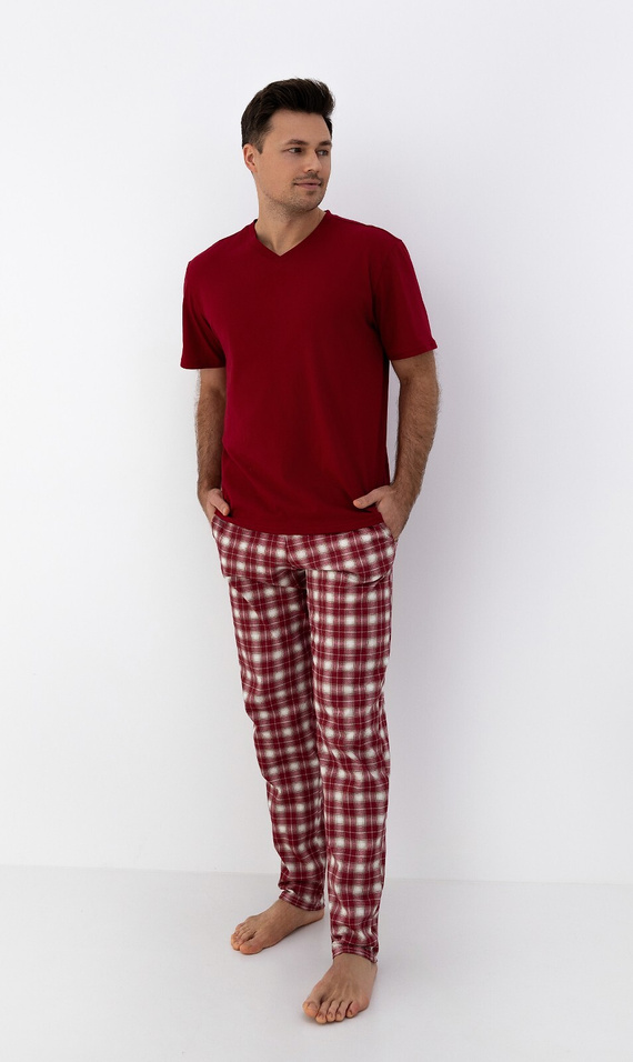 Matthew Sensis pizsama - férfi pamut pizsama V-nyakú inggel és kockás nadrággal