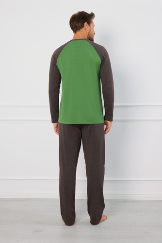 Alexander Férfi pizsama hosszú ujjú, hosszú nadrág olasz divat - zöld/c.melange