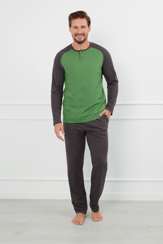 Alexander Férfi pizsama hosszú ujjú, hosszú nadrág olasz divat - zöld/c.melange