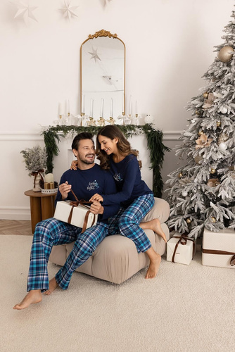 Női pizsama Regina 743 tengerészkék - pamut, hossz. ujjas, nyomtatott, kockás nadrág