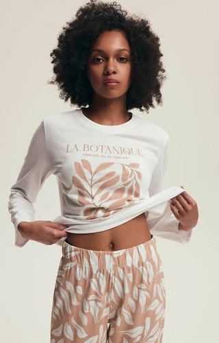 43689 Dextra Henderson krém női pizsama - pamut, botanikai mintás, krémszínű