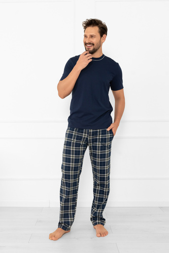 Férfi pizsama Andreas - rövid ujjú, hosszú nadrág, pamut Italian Fashion - tengerészkék/print