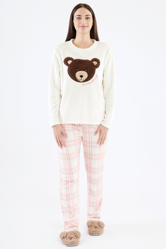 Madlen Női pizsama Sorbetto ecru - fleece, mackó hímzéssel és kockás nadrággal