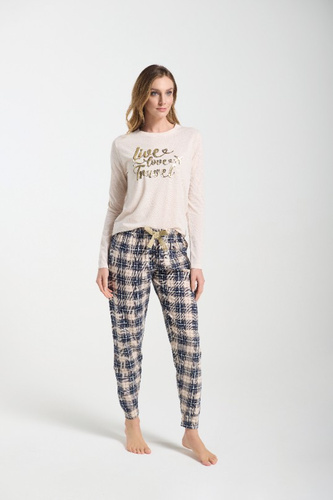 Bessy Női pizsama Sorbetto bézs - trikó, arany mintás, kockás nadrág