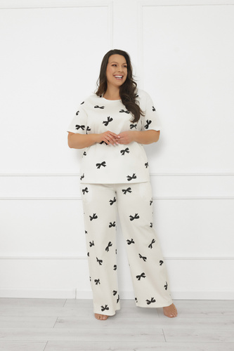 Női pizsama Figaro - ekrü, pamut, rövid ujjú + hosszú nadrág Olasz divat
