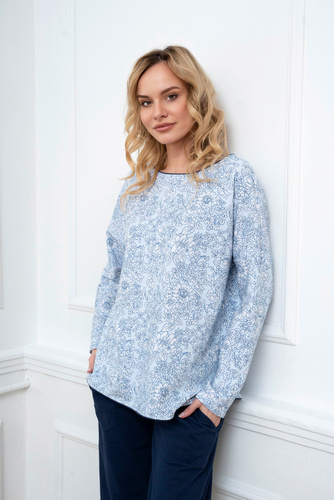 Gracjela Női pizsama hosszú ujjú, hosszú nadrág olasz divat - kék/zöld mintás