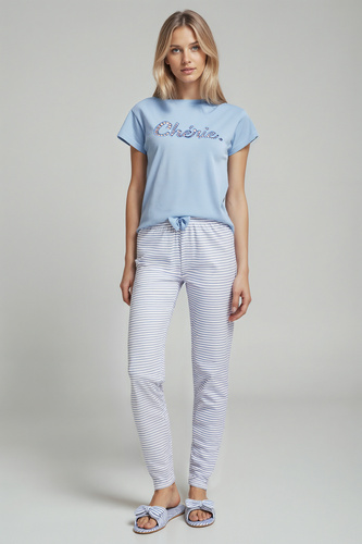 Juliana Sorbetto kék - női pizsama 100% pamut, hímzéssel és hosszú csíkos nadrággal