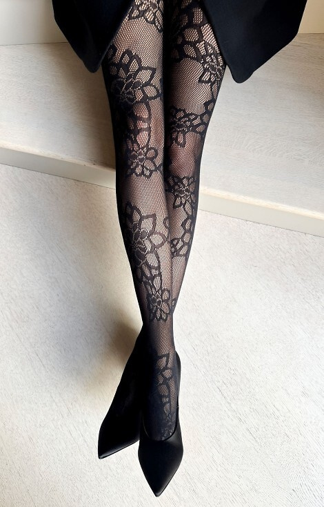 Francesca Veneziana fekete harisnyanadrág - kabaré virágmintás, elegáns és rugalmas