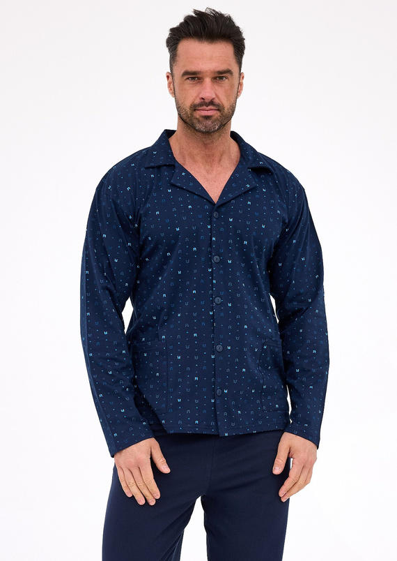 114/80 Cornette férfi pizsama | Nyitott elejű, 100% pamut, gallér és zsebek