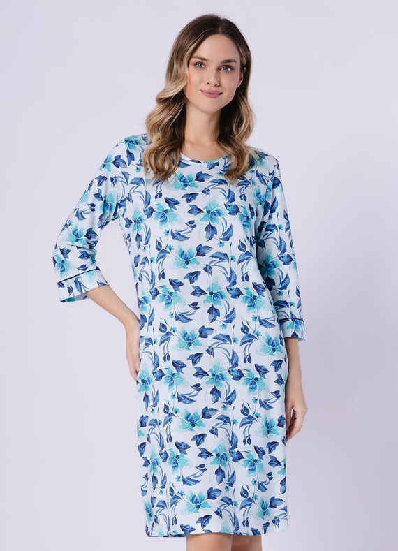 Julita 1742 Leveza női hálóing türkiz – 100% pamut, virágmintás, 3/4 ujj