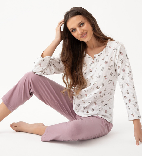 317 Női pizsama Luna ekrü - pamut, hosszú ujjú, klasszikus kényelemmel