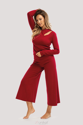 Maroon Zen pizsama - elegáns pamut pizsama hosszú ujjú, 7/8 hosszú nadrággal