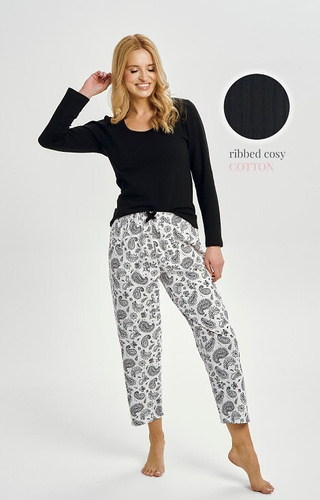 3454 Taro női pamut pizsama fekete - hosszú ujjú, mintás nadrág