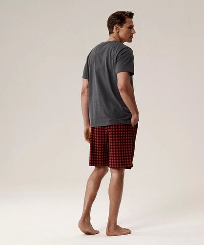 Férfi pizsama NMP-397 - szürke piros pamut, rövid ujjú, könnyű és kényelmes nyári pizsama