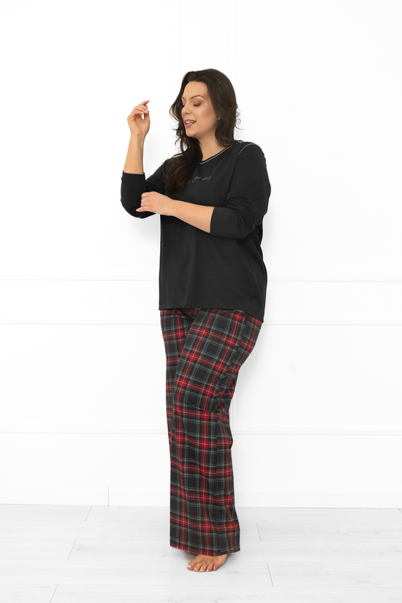 Italian Fashion női pizsama sötét melange-pamut, hosszú ujjú és hosszú nadrág, kockás