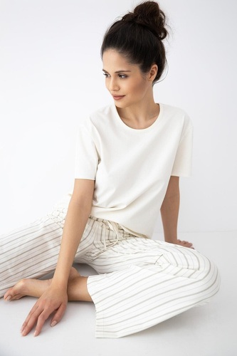 Soleil Sensis női pizsama ecru-bézs, pamut, rövid ujjú, hosszú nadrág