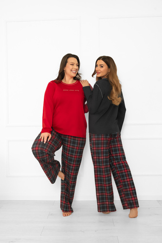 Italian Fashion női pizsama sötét melange-pamut, hosszú ujjú és hosszú nadrág, kockás