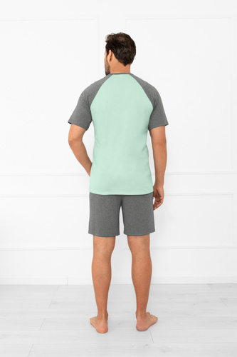 Férfi pizsama Aleksander Italian Fashion - rövid ujjú és rövidnadrág, 100% pamut - zsálya/melange