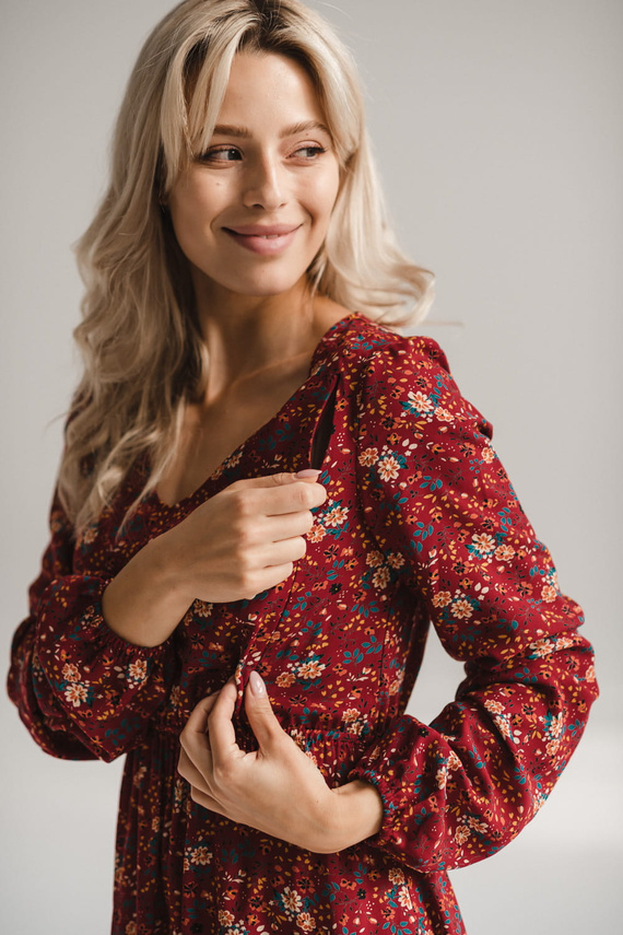 Lovely Dress Midi kismama és szoptatós ruha a Milk&Love-tól - bordó virágos, hosszú ujjú, hosszú ujjú