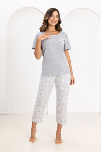 Női pizsama Regina 729 pamutból, rövid ujjú, nadrág 7/8 szürke melange szürke színben
