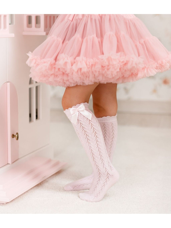 1382 Gyermek áttört térdzokni masnival - pamut Milena, Powder Pink