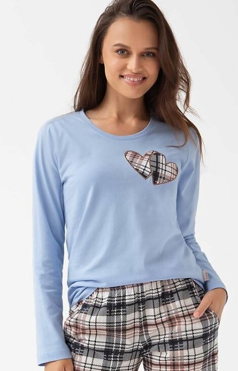 322 Luna blue - női pamut pizsama, szív, hosszú ujjú, kockás nadrág, hosszú ujjú, női pamut pizsama