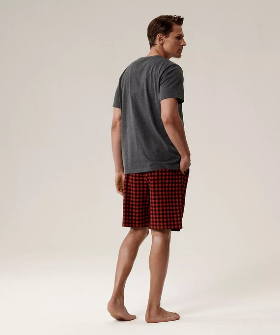 Férfi pizsama NMP-397 - szürke piros pamut, rövid ujjú, könnyű és kényelmes nyári pizsama