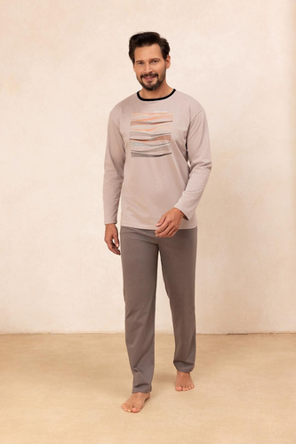 Regina 492 bézs - férfi hosszú ujjú pamut pizsama, klasszikus szabású