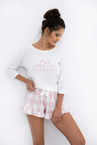 Emily Sensis - Női pamut pizsama | 3/4-es ing és kockás rövidnadrág fodros szegéllyel